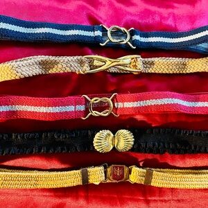 5 Vintage Stretch Belts Size Small Red w/grey, Navy Blue w/grey, Black & Tan